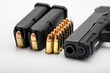 © Atlantist studio - Gun magazines and bullets ammunition with pistol gun  on white background , Gun law