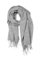 Stylish grey cashmere scarf isolated on white, top view