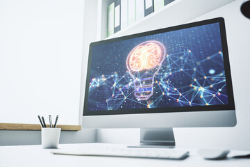 Wall Mural - creative idea concept with light bulb and human brain illustration on modern laptop screen. neural n