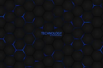 Wall Mural - Blue bright energy flashing under the hexagon in modern futuristic technology background illustration. Hexagonal dark abstract background. Black mesh honeycomb texture.