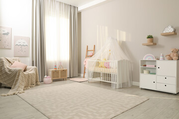 Poster - cozy baby room with crib and other furniture. interior design