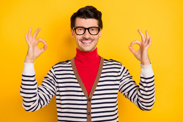 Poster - Photo of young guy happy positive smile show fingers okey sign cool ad recommend advise perfect isolated over yellow color background