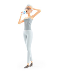 3d senior woman drinking water on bottle