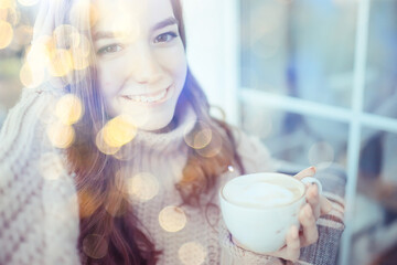 Wall Mural - happy girl autumn cafe sweater concept vision model with glasses posing