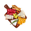 Cheese plate. Watercolor cheese snack on wooden board. Blue cheese, parmesan, bread sticks, almonds, bacon, grapes isolated on white background. Hand painted watercolor hand drawn illustration. Food