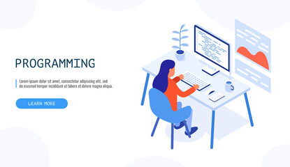 Programmer at work. Woman working on desktop computer. Programming concept. Isometric web banner, infographics. Vector.