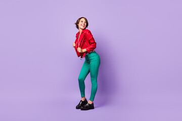 Sticker - Full body profile side photo of young attractive girl happy positive smile look empty space isolated over violet color background