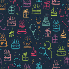 Wall Mural - Cute doodle cakes seamless pattern, fun party background, great for Birthday Party, textiles, banners, wallpapers, wrapper - vector design