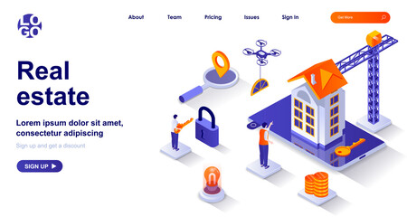 Wall Mural - real estate isometric landing page. company building property to sell isometry concept. buying home,