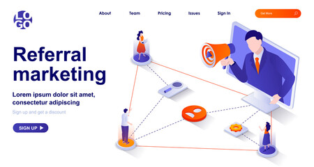 Referral marketing isometric landing page. Attracting new customers via word of mouth advertising isometry concept. Promotion 3d web banner. Vector illustration with people characters in flat design