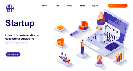 Poster - Startup isometric landing page. Launching new business project isometry concept. Development strategy, investments, marketing 3d web banner. Vector illustration with people characters in flat design
