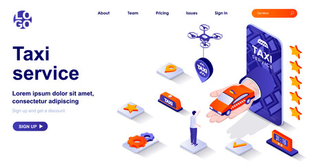 Poster - Taxi service isometric landing page. Passenger transportation mobile app isometry concept. Booking car transfer, carsharing 3d web banner. Vector illustration with people characters in flat design