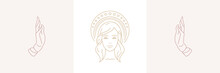 Magic Woman Face With Halo And Female Praying Hands Gestures In Boho Linear Style Vector Illustrations Set