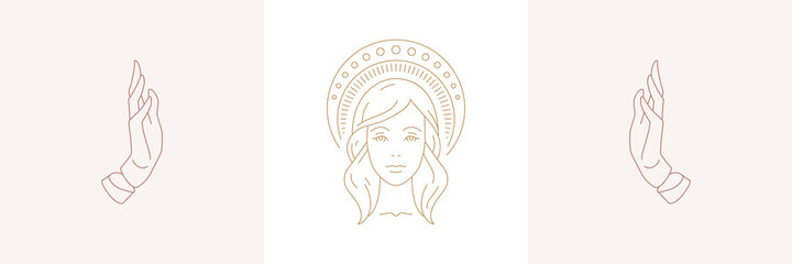 Wall Mural - magic woman face with halo and female praying hands gestures in boho linear style vector illustratio