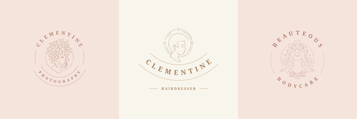 Wall Mural - feminine logos emblems design templates set with magic female portraits vector illustrations minimal