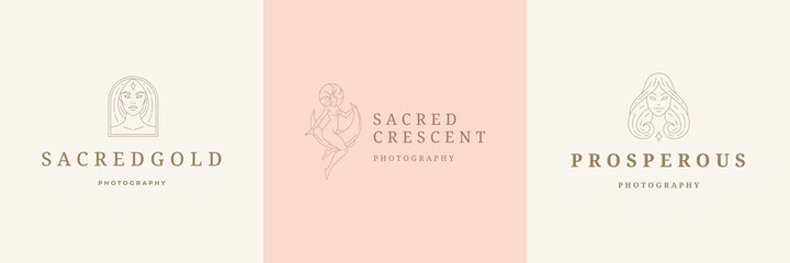 Wall Mural - feminine logos emblems design templates set with magic female vector illustrations minimal linear st