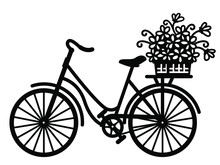 City Bicycle Silhouette Full Of Yellow Flowers In Wicker Basket And Bird. Vector Graphic Illustration Of Romantic Bike Isolated On White Background