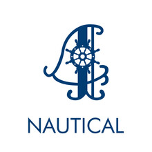 Logotipo Con Número 4 Vintage Con Timón De Barco Y Texto Nautical En Color Azul