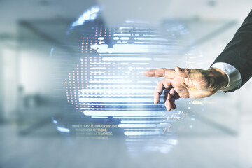 multi exposure of developer's hand working with abstract programming language hologram and world map