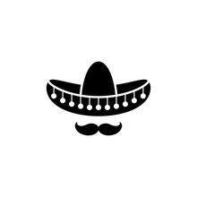 Sombrero, Mexican Hat With Mustache Black Icon. Flat Logo Isolated On White. Vector Illustration.