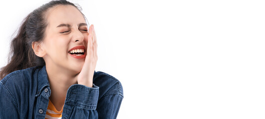 portrait of cheerful smile asian female woman wear casual cloth smile laugh gesture hand with happiness and joyful expression white background