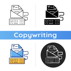 Sticker - Newsletter copywriting icon. Copywriting services. Typewriting, typing with keyboard. Writing commercial text. Report publication. Linear black and RGB color styles. Isolated vector illustrations