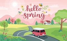 Spring Road Trip. Landscape With A Cute Car On The Road And Lettering. Vector Illustration In Flat Style