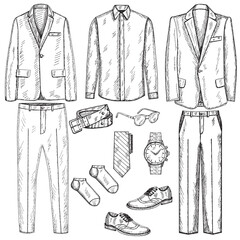 Wall Mural - vector, isolated, sketch hand drawn set of mens clothing, collection