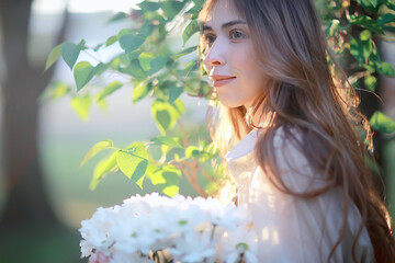 Wall Mural - girl holding a bouquet of flowers a walk in the park / romantic young beautiful cute model, love fee
