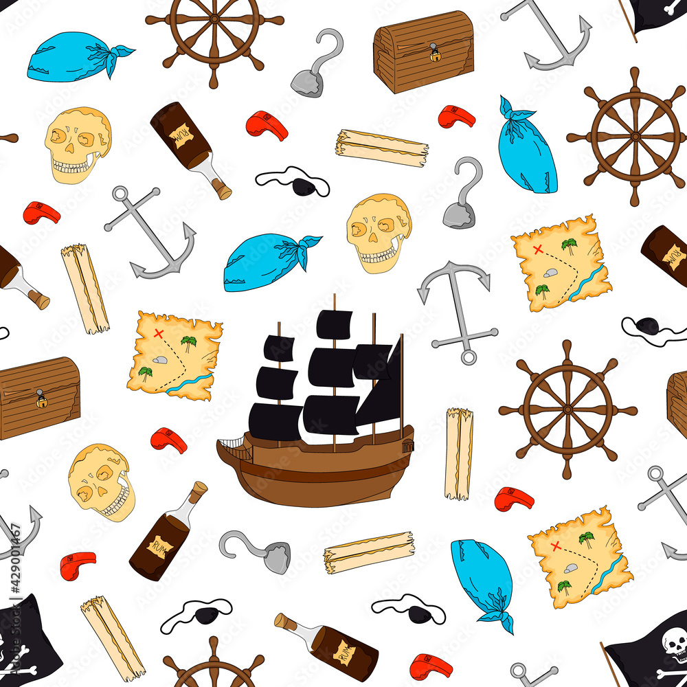 Seamless pattern for pirate party. cartoon style. Colorful sea elements ...