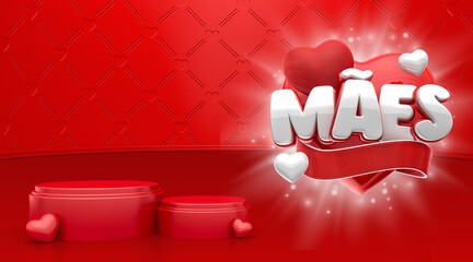 Canvas Print - Realistic 3D heart-shaped label in Brazilian Portuguese. The name Maes means Mothers. 3D illustration