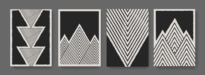 Wall Mural - Minimal striped geometric posters. Mid-century modern polygonal linear composition. Abstract brush contemporary art print.