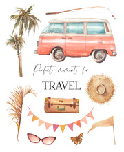 Time To Travel Illustration. Watercolor Summer Vacation Set. Isolated Recreation Items Isolated On White Background: Bus, Palm Trees, Garland, Hat, Sunglasses