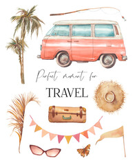 Time to travel illustration. Watercolor summer vacation set. Isolated recreation items isolated on white background: bus, palm trees, garland, hat, sunglasses