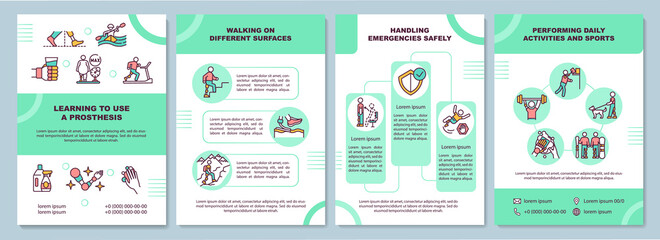 Learning to use a prosthesis brochure template. Different surfaces. Flyer, booklet, leaflet print, cover design with linear icons. Vector layouts for presentation, annual reports, advertisement pages