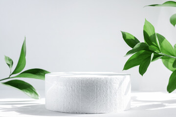 Cylindrical podium on a white background with hard shadows and leaves. Minimal empty scene of cosmetic products presentation. Geometric podium.