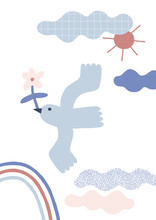 Peace Bird With Spring Flower Fly In Sky With Cloud Sun Rainbow. Decorative Scandinavian Style Vector Illustration. Nursery Poster.