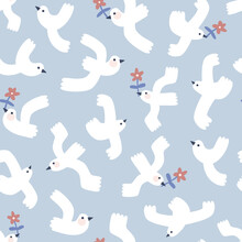 Peace Bird With Spring Flower Fly In Blue Sky Vector Seamless Pattern. Simple Decorative Scandinavian Style Back. Nursery Kid Fabric Design.