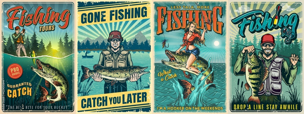 Fishing vintage posters - obrazy, fototapety, plakaty 