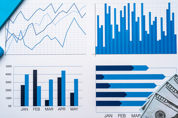 Wall Mural - Financial paper with charts and diagrams on gray table