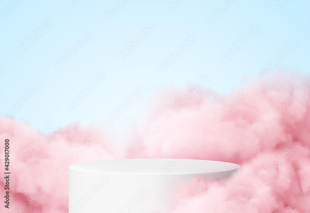 Blue background with a product podium surrounded by pink clouds. Smoke, fog, steam background. Vector illustration - obrazy, fototapety, plakaty 