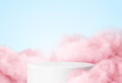 Blue background with a product podium surrounded by pink clouds. Smoke, fog, steam background. Vector illustration