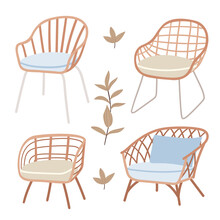 Wicker Chairs In Boho Style.Cute Furniture In A Rustic Style. Atmosphere Of A Country House. Dried Flowers.