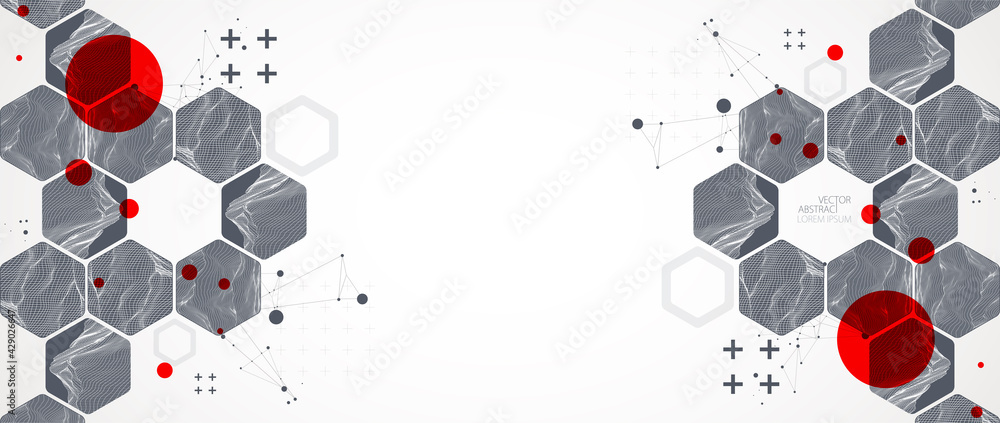 Modern science or technology abstract background using hexagonal shapes. Wireframe spot surface illustration. Vector. - obrazy, fototapety, plakaty 