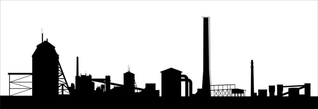 Oil shale processing plant silhouette isolated on white. Technical buildings and high chimneys. Long factory line.