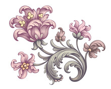 Tulip Peony Flower Vintage Pink Red Baroque Victorian Frame Border Floral Ornament Scroll Engraved Retro Pattern Tattoo Vector