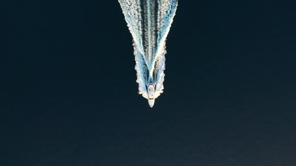 Wall Mural - croatia. aerial view of luxury floating boat on blue adriatic sea at sunny day. fast boat on the sea