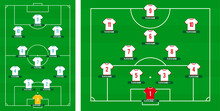 Football Team Formation. Soccer Or Football Field With 11 Shirt With Numbers Vector Illustration. Soccer Lineup
