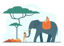Two Tiny Girls Riding Giant Elephant In African Jungle. Flat Vector Illustration. Women Doing Safari Journey Together. Africa, Travel, Animal, Jungle Concept For Banner Design Or Landing Page