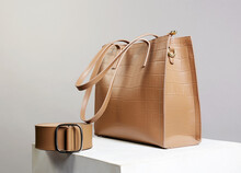 Stylish Leather Handbag And Belt. Fashion Still Life